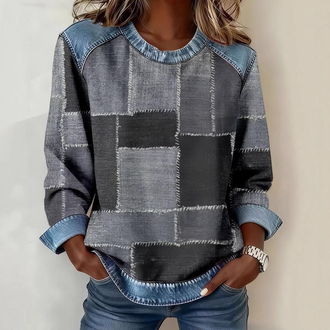 Damen Modischer Sweatshirt mit Karomuster und Denim-Details – Mavelle