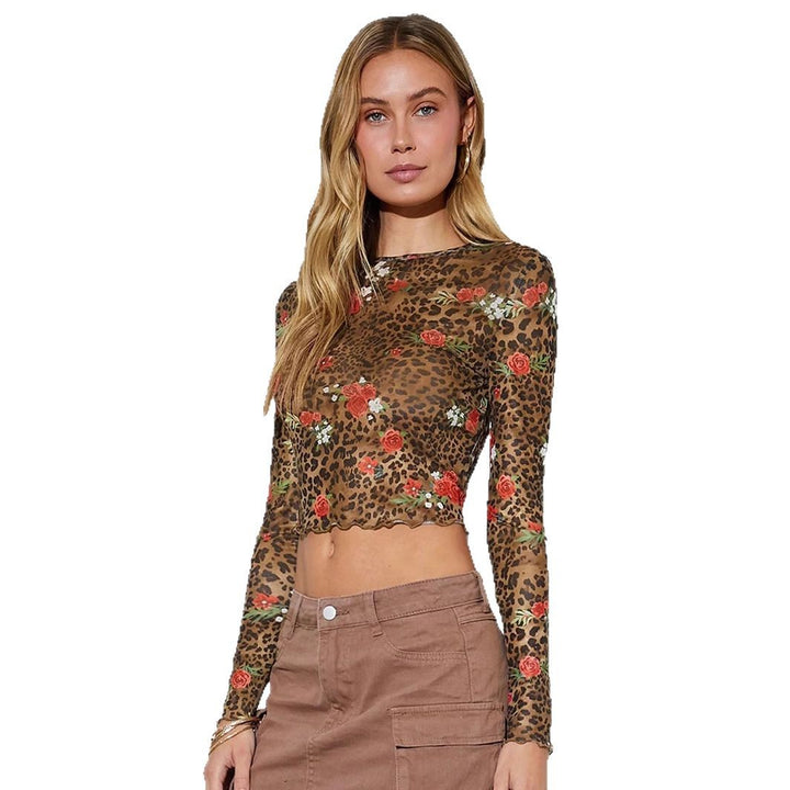 Damen nan feines Mesh-Crop-Top mit Leoparden- und Rosenprint Echo Archiv