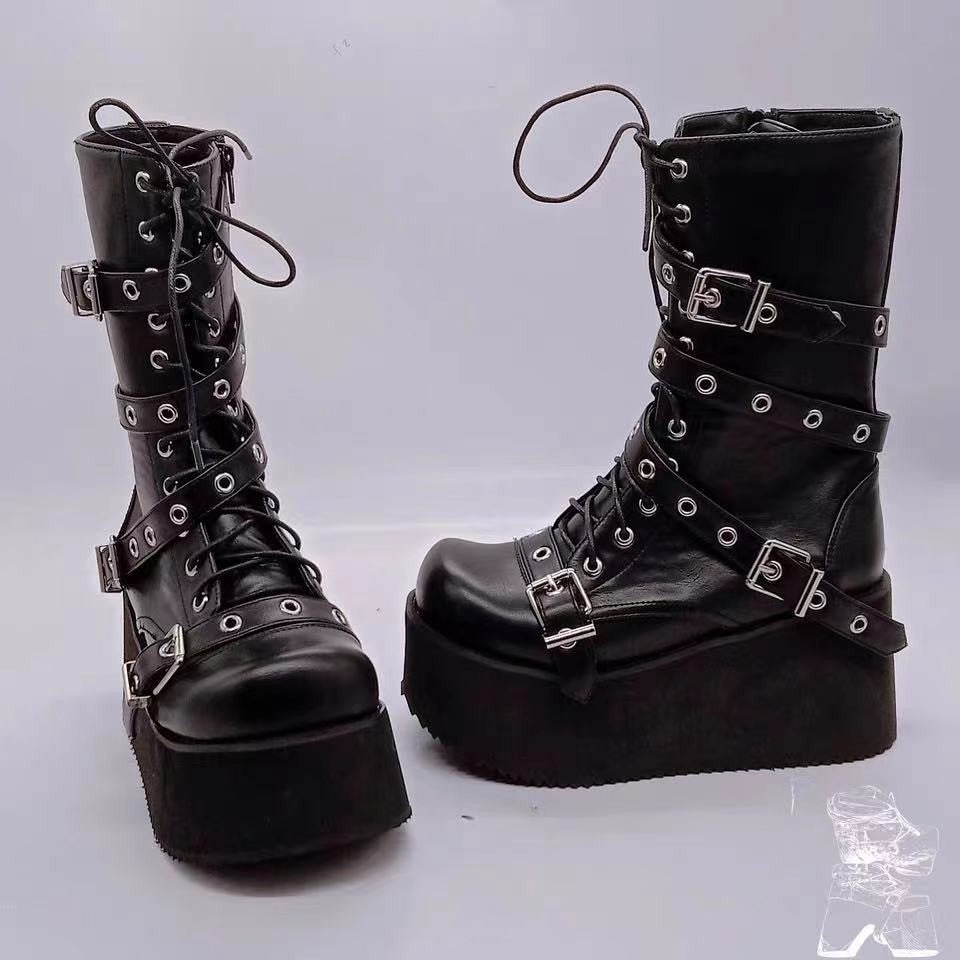 Damen plateau Combatstiefel mit Schnallen Ösen Schnürung und seitlichem Reißverschluss Echo Archiv