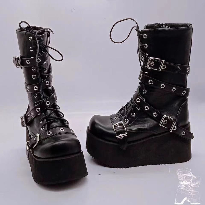 Damen plateau Combatstiefel mit Schnallen Ösen Schnürung und seitlichem Reißverschluss Echo Archiv