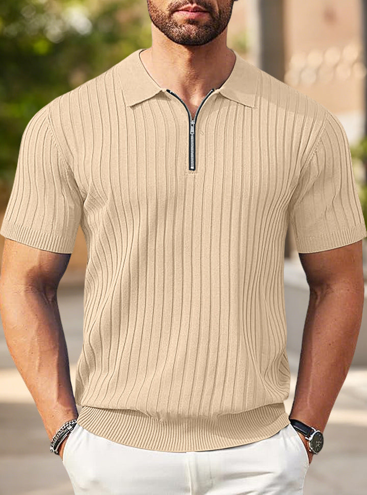 Herren nan elegantes strukturiertes Kurzarm-Strickpolo mit kurzem Metallreißverschluss und Hemdkragen Echo Archiv