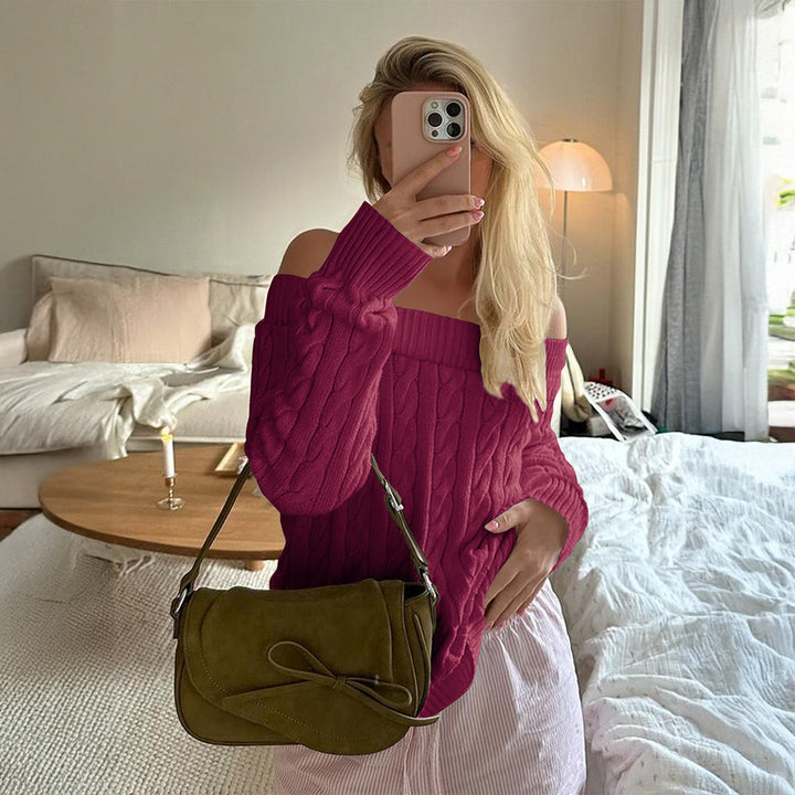 Damen oversized schulterfreier Zopfstrickpullover mit geripptem Ausschnitt und Ballonärmeln – Mavelle