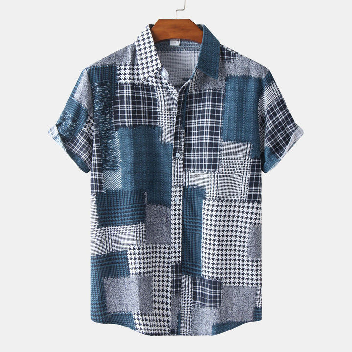 Herren Kurzarmhemd mit kreativem Patchwork-Design und strukturiertem Stoff Echoarchiv