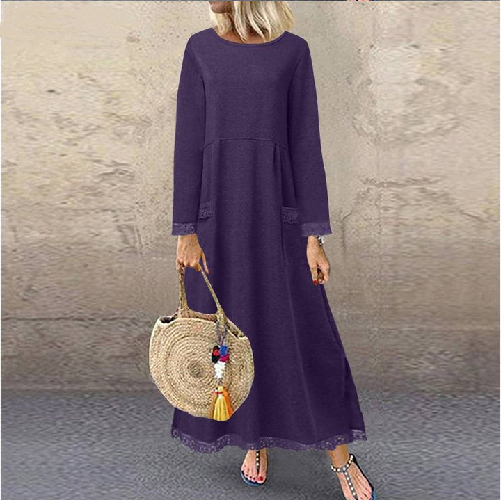 Damen nan Maxikleid mit lockerem A‑Linien Schnitt, Rundhalsausschnitt, aufgesetzten Eingrifftaschen und zierlichem Spitzenbesatz Echo Archiv