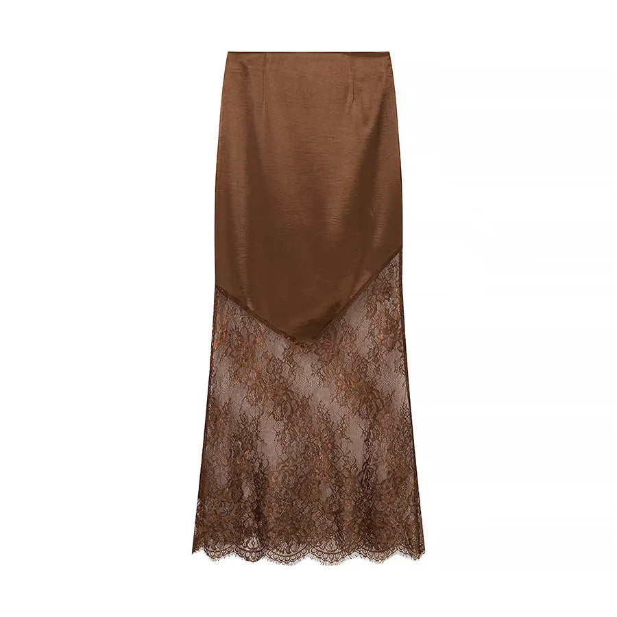 Damen nan Maxirock mit transparentem Spitzenunterteil und asymmetrischem Satin-Overlayer Echo Archiv