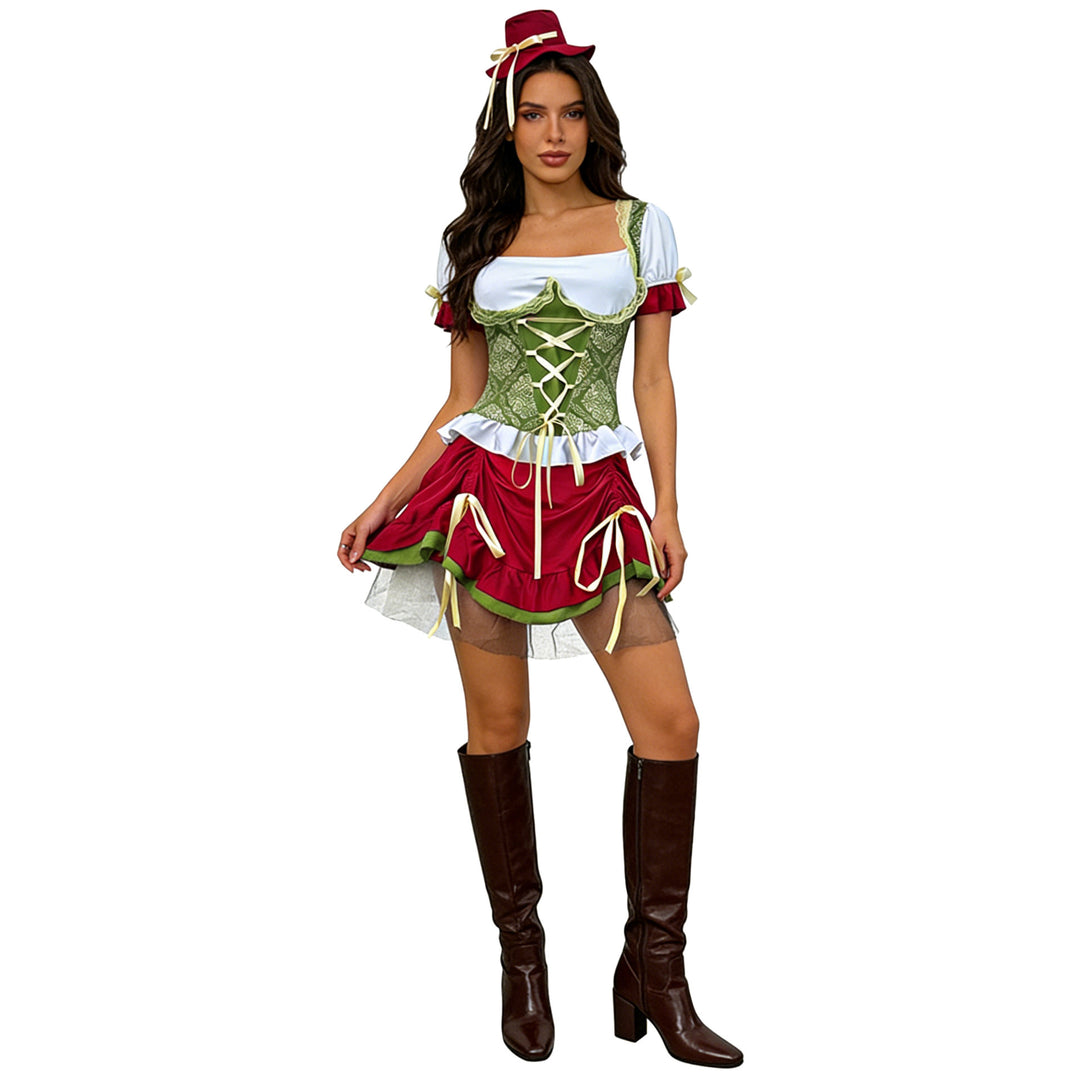 Damen nan kurzes Dirndl Trachtenkleid mit Schnürcorsage, Spitzenkragen und gerafftem Rock Echo Archiv