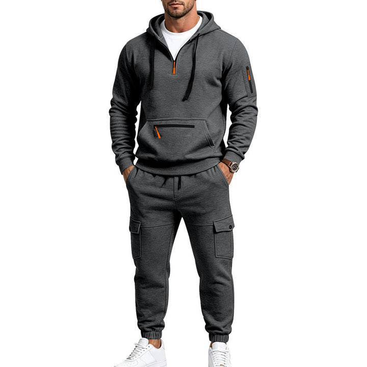 Herren Zweiteiliges Fleece-Loungewear-Set mit Halbzip-Kapuze und Cargo-Jogger – Cavarno