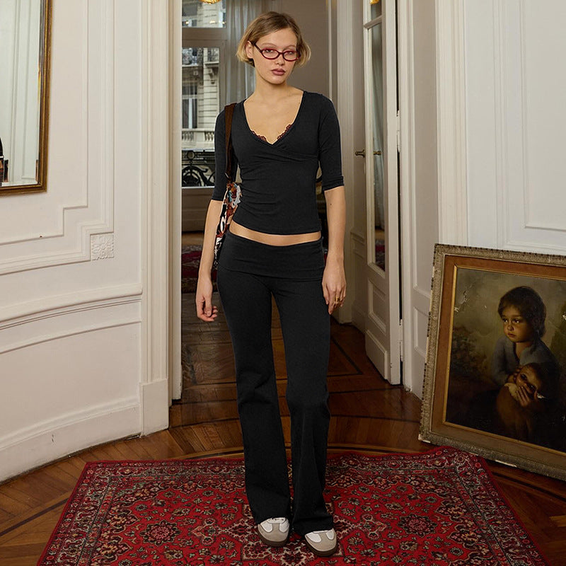 Damen lässiges Set aus elegantem Oberteil und fließenden Schlaghosen Echo Archiv