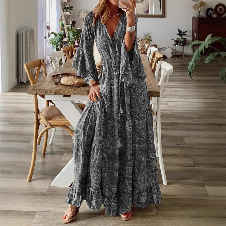 Damen Boho Maxikleid mit Paisley-Print, V-Ausschnitt, Stufenrock und Bindegürtel Echoarchiv