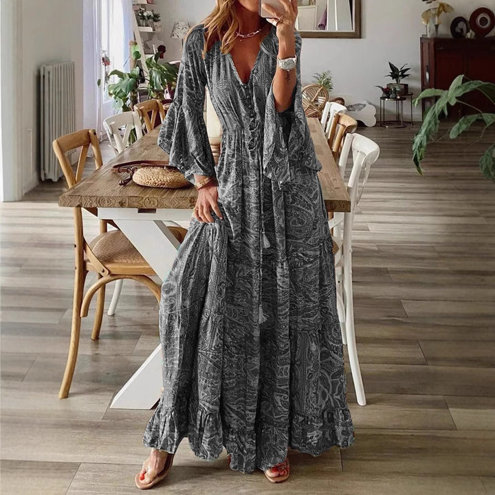 Damen Boho Maxikleid mit Paisley-Print, V-Ausschnitt, Stufenrock und Bindegürtel Echoarchiv
