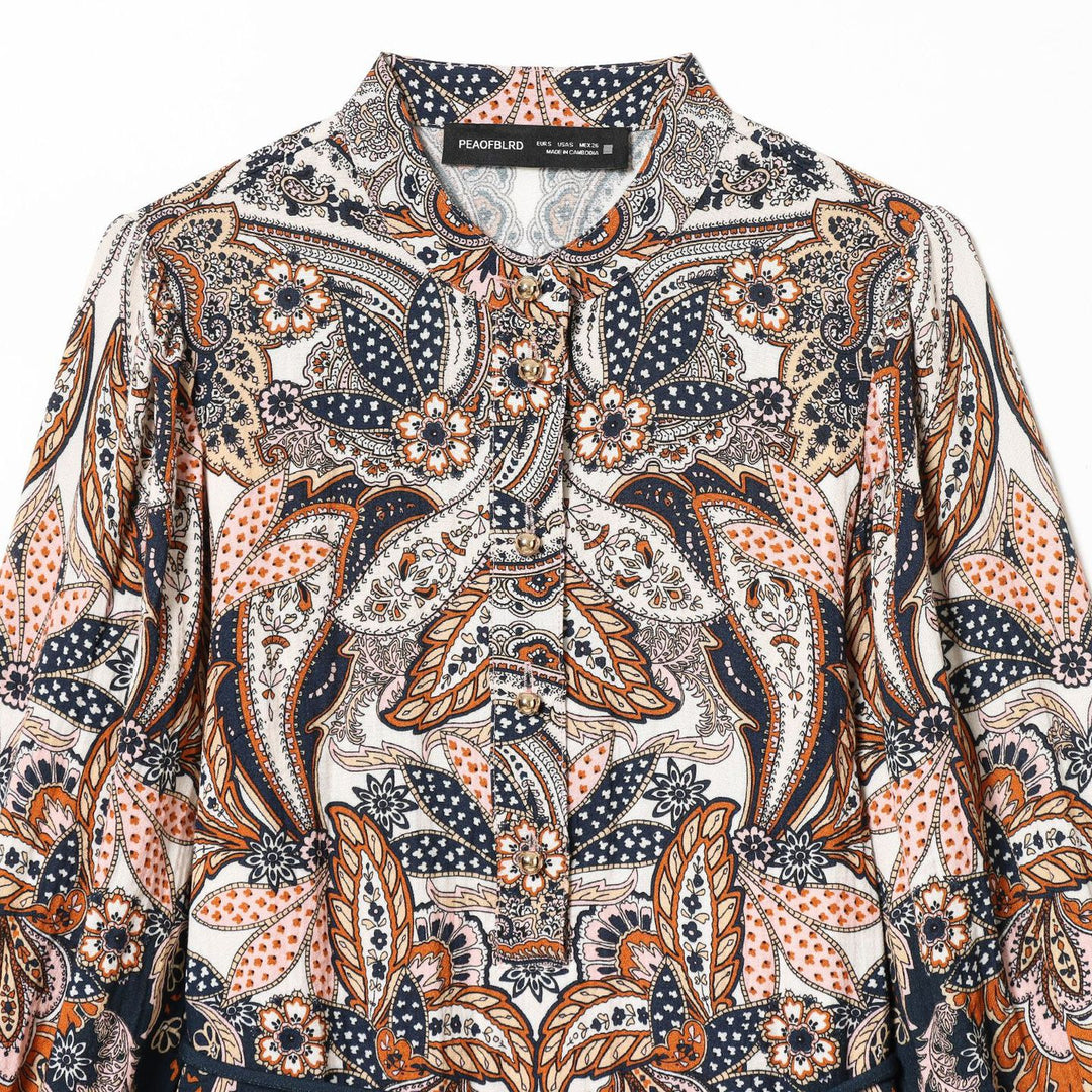 Damen Paisley-Tunika mit Stehkragen, Taillenzug und Ballonärmeln – Élovi