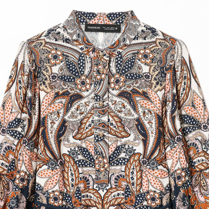 Damen Paisley-Tunika mit Stehkragen, Taillenzug und Ballonärmeln – Élovi