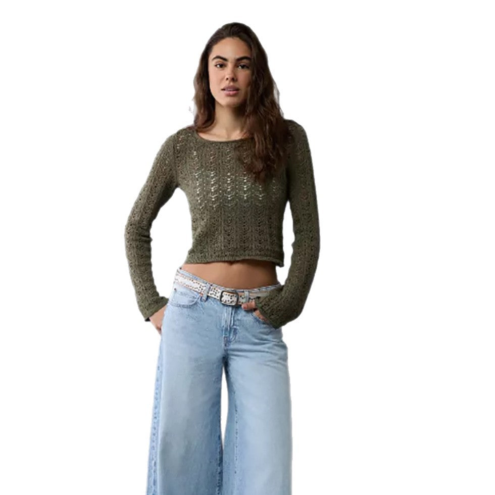 Damen Feinstrick-Cropped-Top mit Ajourmuster und Rundhalsausschnitt Echoarchiv