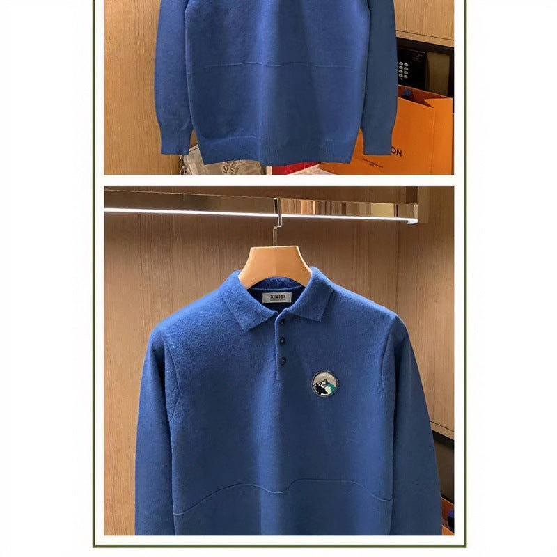 Herren Polokragen-Pullover aus weichem Flauschstrick mit Logo‑Patch Echoarchiv
