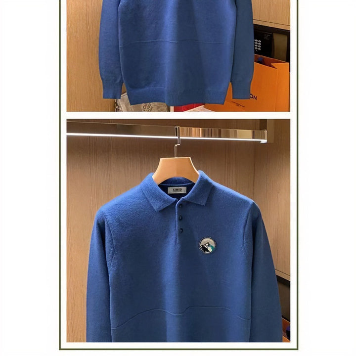 Herren Polokragen-Pullover aus weichem Flauschstrick mit Logo‑Patch Echoarchiv
