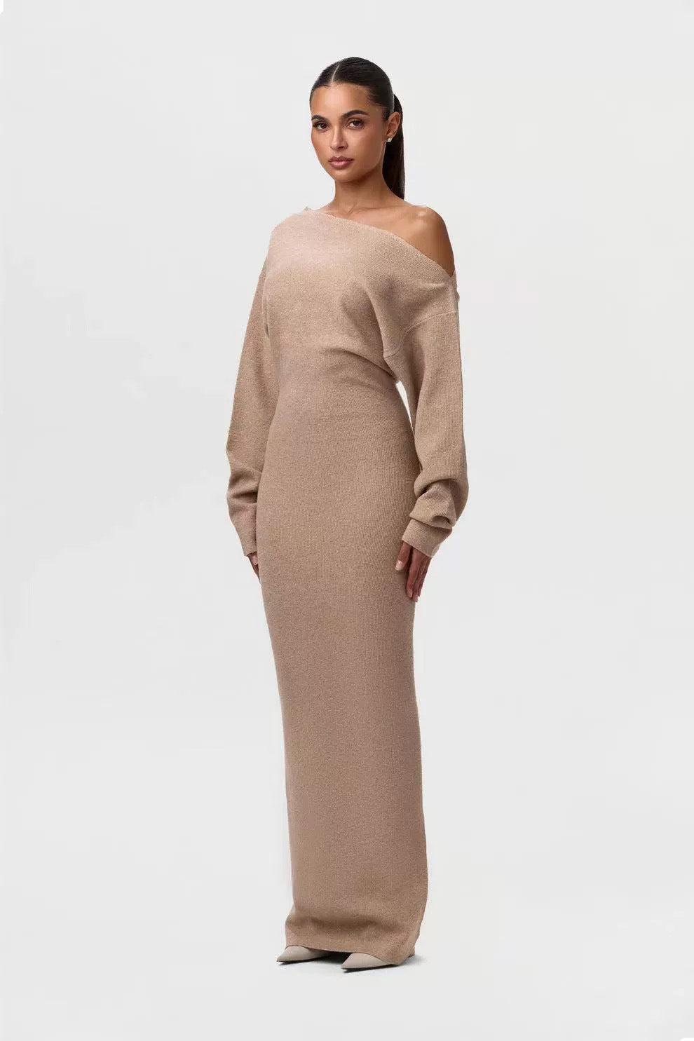 Damen One-Shoulder Maxi Strickkleid mit Übergroßen Ärmeln Echoarchiv
