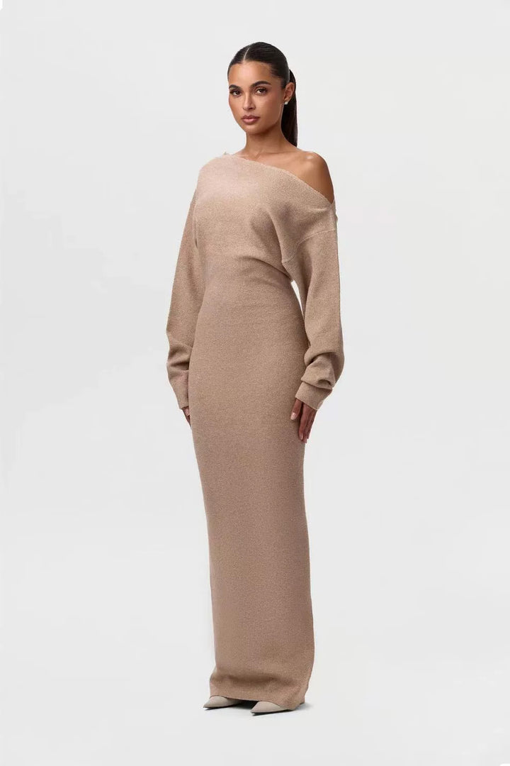 Damen One-Shoulder Maxi Strickkleid mit Übergroßen Ärmeln Echoarchiv