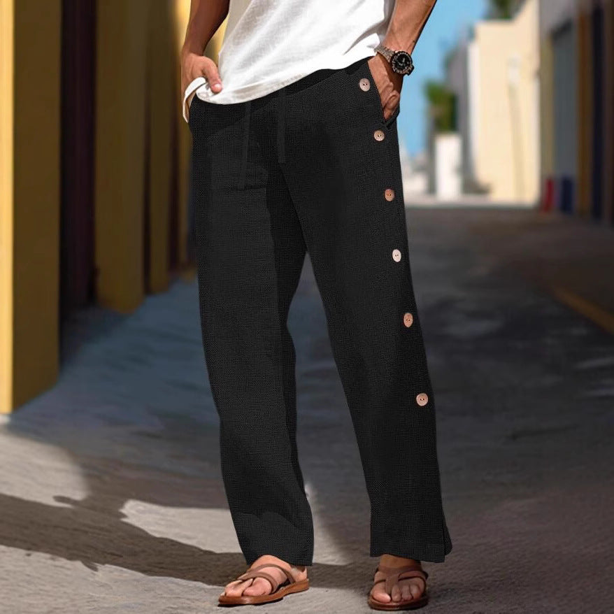 Herren Leinenhose mit seitlichen Knopfdetails und lockerer Passform Echoarchiv