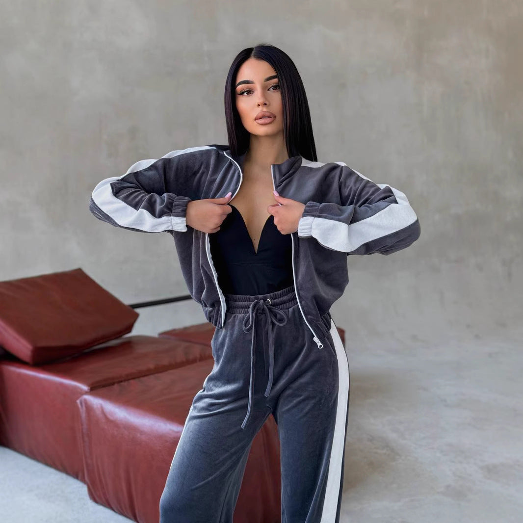 Damen weiches Samt Trainingsanzug Set mit Reißverschlussjacke und elastischer Tunnelzughose – Avérine