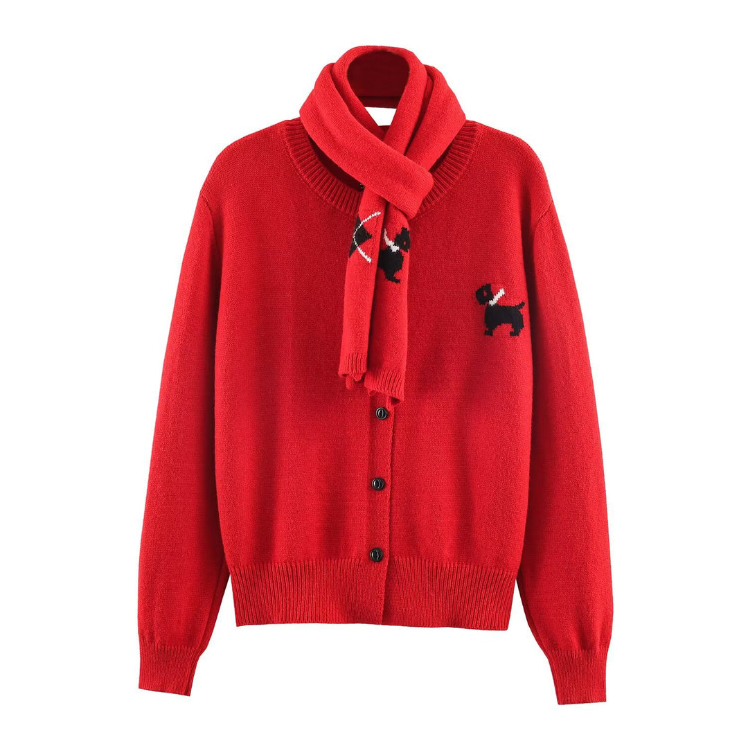 Damen Gestrickte Kurzjacke mit integriertem Schal und Hundeintarsie Echoarchiv