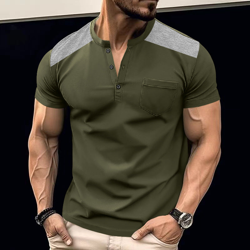 Herren Kurzarm-Henley-T-Shirt mit modischem Knopfdesign und praktischer Brusttasche Echoarchiv