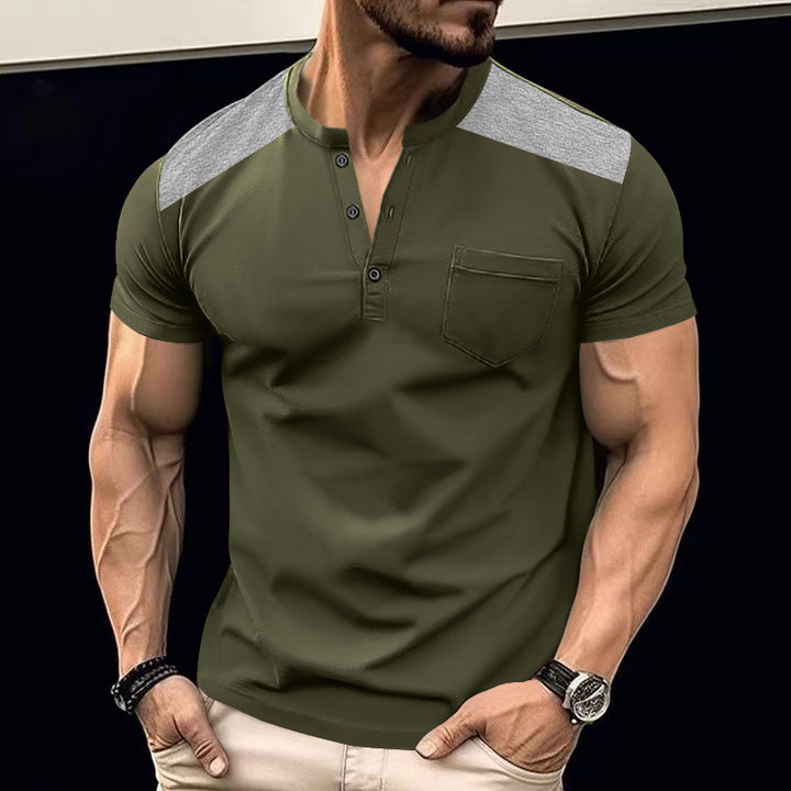 Herren Kurzarm-Henley-T-Shirt mit modischem Knopfdesign und praktischer Brusttasche Echoarchiv