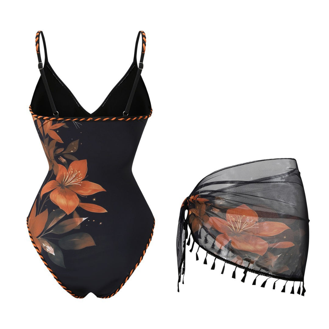 Damen Mode-Badeanzug mit floralem Design und transparentem Wickelrock Echo Archiv