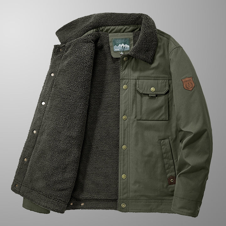 Herren Sherpa-gefütterte Canvas-Truckerjacke mit Teddyfutter und Utility‑Taschen Echo Archiv