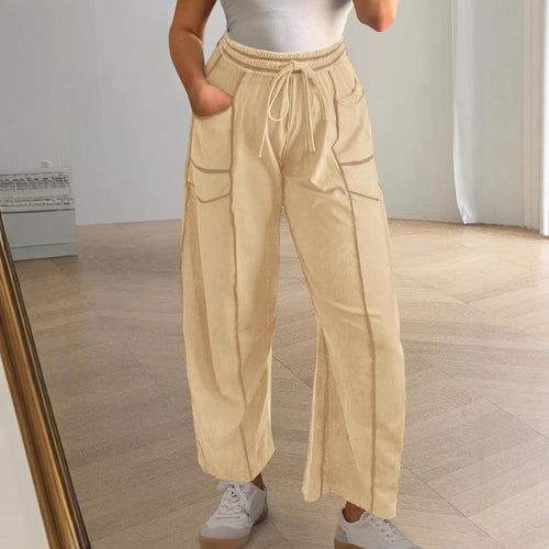Damen weite Cargo-Loungehose mit elastischem Bund und Kontrastnähten – Avérine