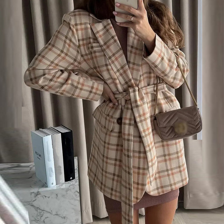 Damen Oversize karierter Mantelblazer mit Taillengürtel und aufgesetzten Taschen – Célinea