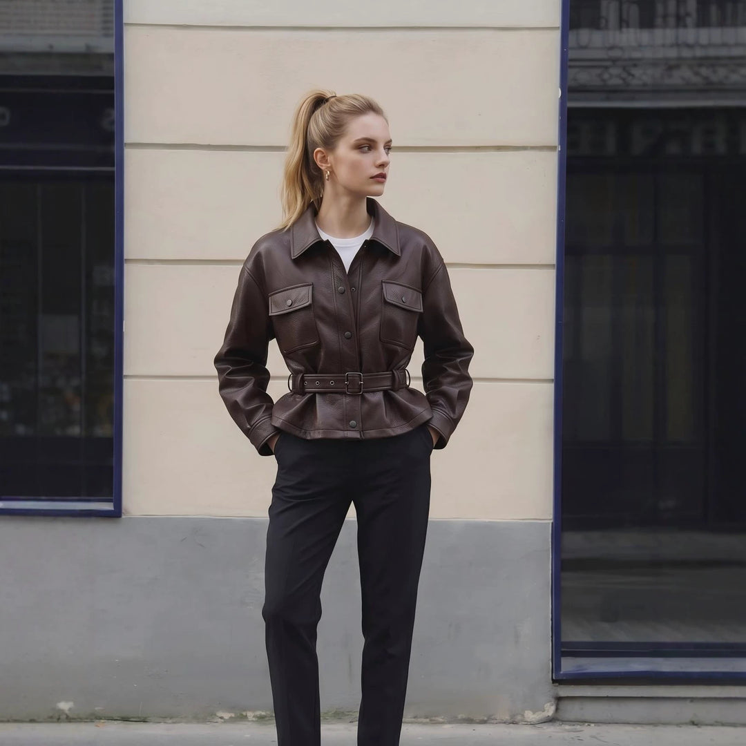 Damen Modische Lederjacke mit Gürtel Echo Archiv