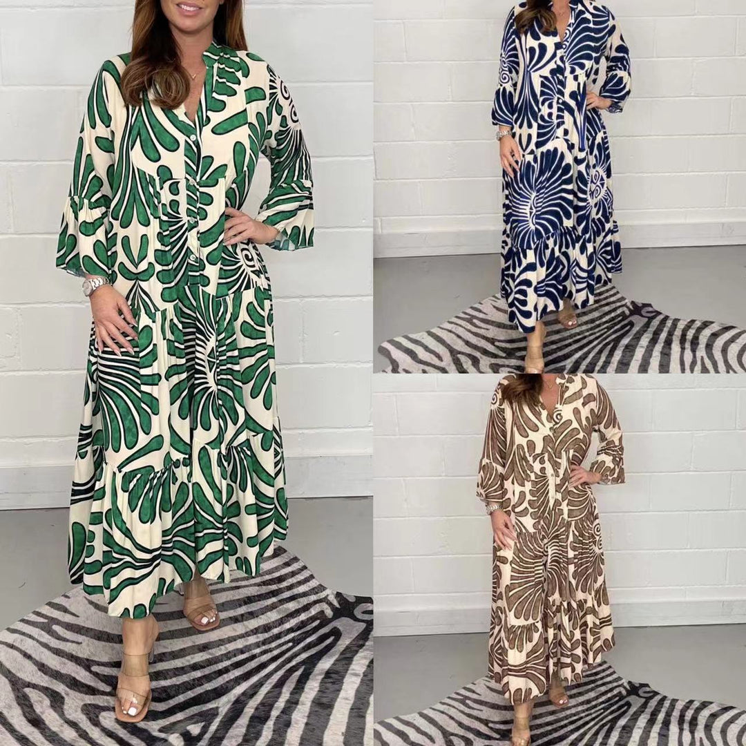 Damen Lange Stufen Kleid mit Knopfleiste und abstraktem Blattdruck Echoarchiv