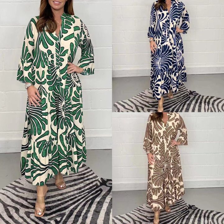 Damen Lange Stufen Kleid mit Knopfleiste und abstraktem Blattdruck Echoarchiv