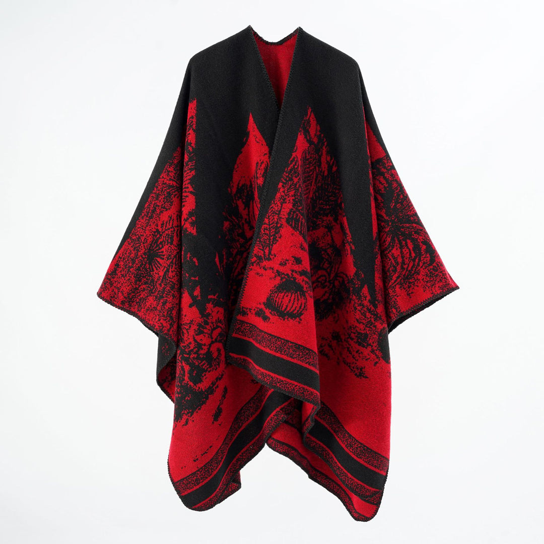 Damen Capeponcho aus Wollmix mit zweifarbiger Jacquardstruktur und Zierstichrand – Montévia