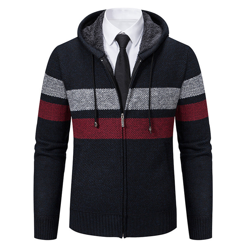 Herren nan gefütterte Kapuzen-Strickjacke mit Teddyfutter, durchgehendem Reißverschluss und kontrastierenden Streifen Echo Archiv