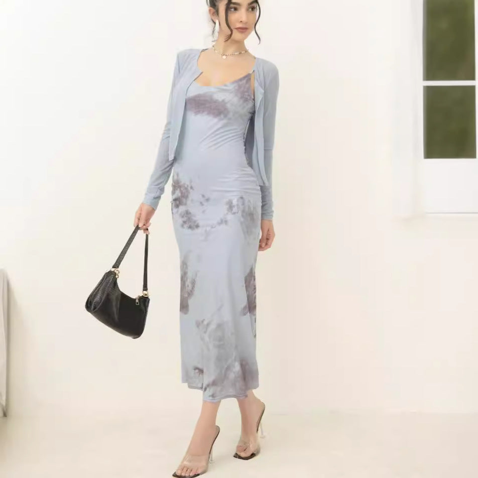 Damen Zweiteiliges Maxikleid-Set mit tailliertem Slipkleid und kurzem Langarm-Cardigan – Valéora