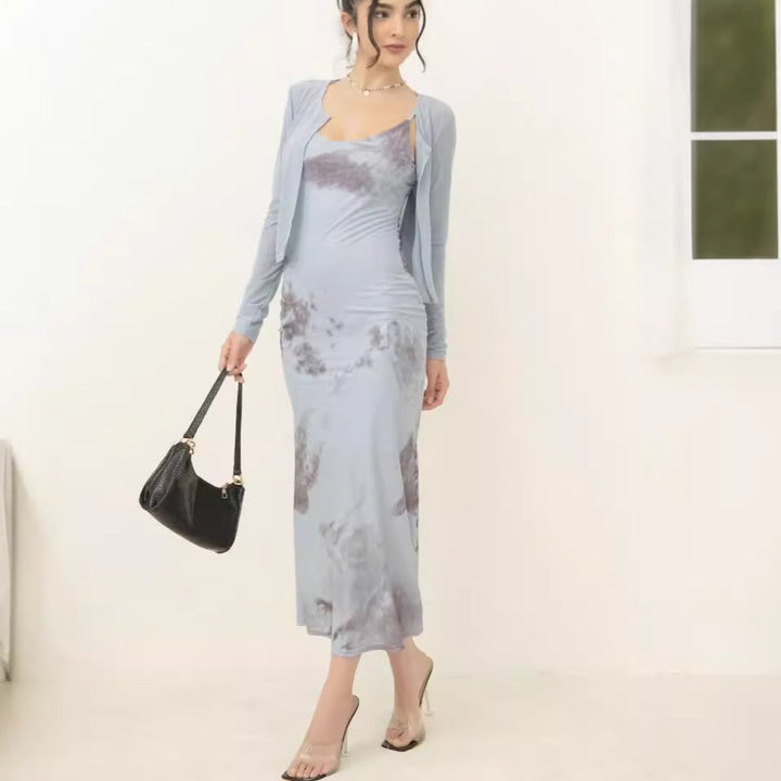 Damen Zweiteiliges Maxikleid-Set mit tailliertem Slipkleid und kurzem Langarm-Cardigan – Valéora