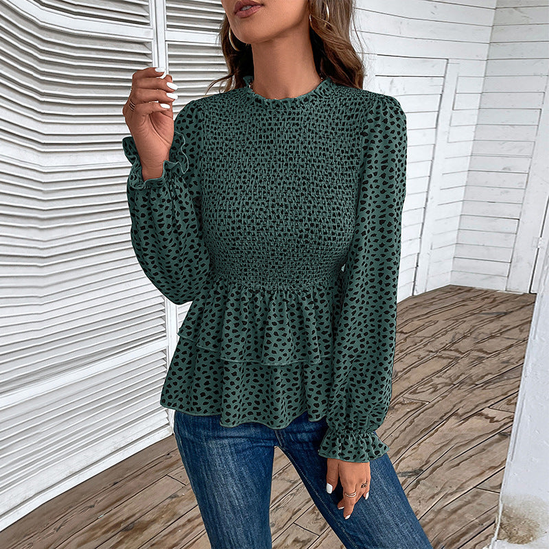 Damen Gesmoktes Chiffon-Blusenshirt mit Stufen-Peplum und Rüschenärmeln Echoarchiv