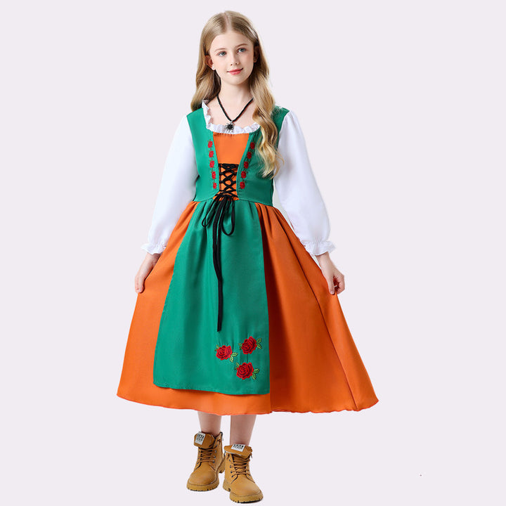 Damen nan folkloristisches Kinderdirndl mit geschnürtem Mieder und bestickter Schürze Echo Archiv