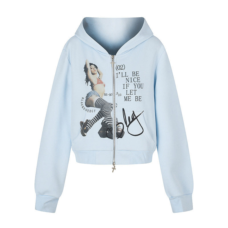 Damen Kapuzen-Sweatjacke mit Fotoprint, kurzem Cropped-Schnitt und Kreuz-Zipper Echoarchiv
