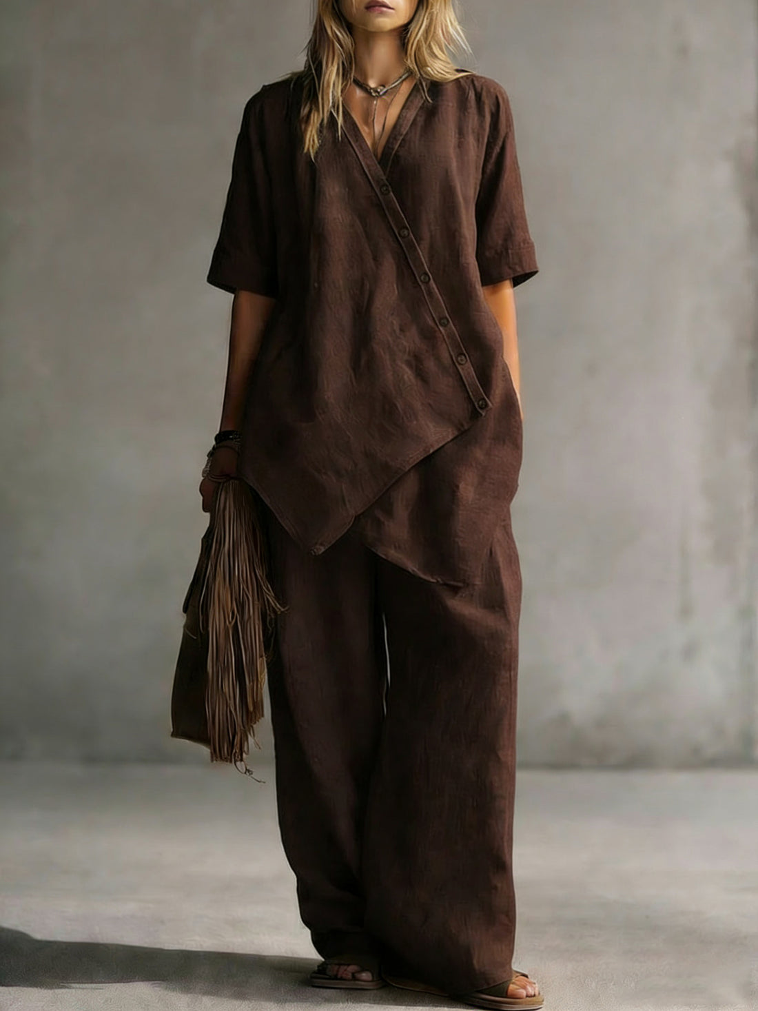 Damen Leinen-Zweiteiler mit asymmetrischer Knopfleiste und weiter Palazzo-Hose – Élanora