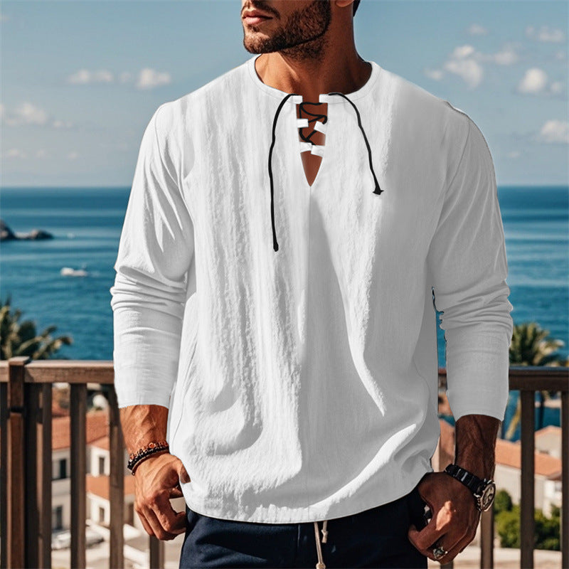 Herren modisches Langarmshirt mit Schnürung und V-Ausschnitt Echoarchiv