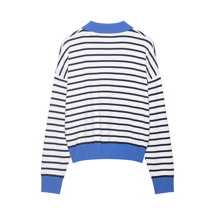 Damen Gestreiftes Cropped Strickpolo mit halbem Reißverschluss und breitem Rippbund Echoarchiv