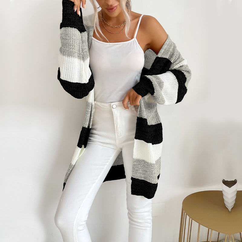 Damen Langer Oversize-Strickcardigan mit Blockstreifen und offener Front – Veloura