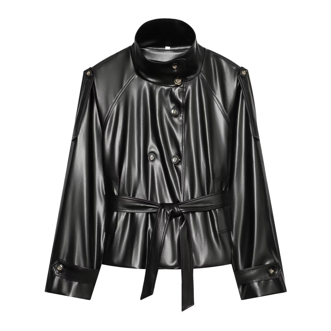 Damen Kurzer Trench‑Blouson in Lederoptik mit Taillengürtel, hohem Stehkragen und doppelter Knopfleiste Echo Archiv