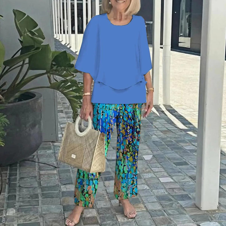 Damen nan Lagen-Tunika mit Cape-Ärmeln und knöchellanger Geradebeinhose mit Grafikprint Echo Archiv