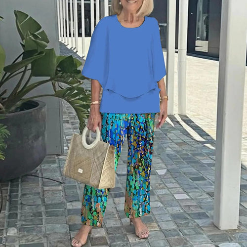 Damen nan Lagen-Tunika mit Cape-Ärmeln und knöchellanger Geradebeinhose mit Grafikprint Echo Archiv