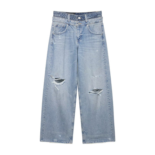 Damen Weite taillenhohe Jeans mit verwaschenem Finish und Rissen Echo Archiv