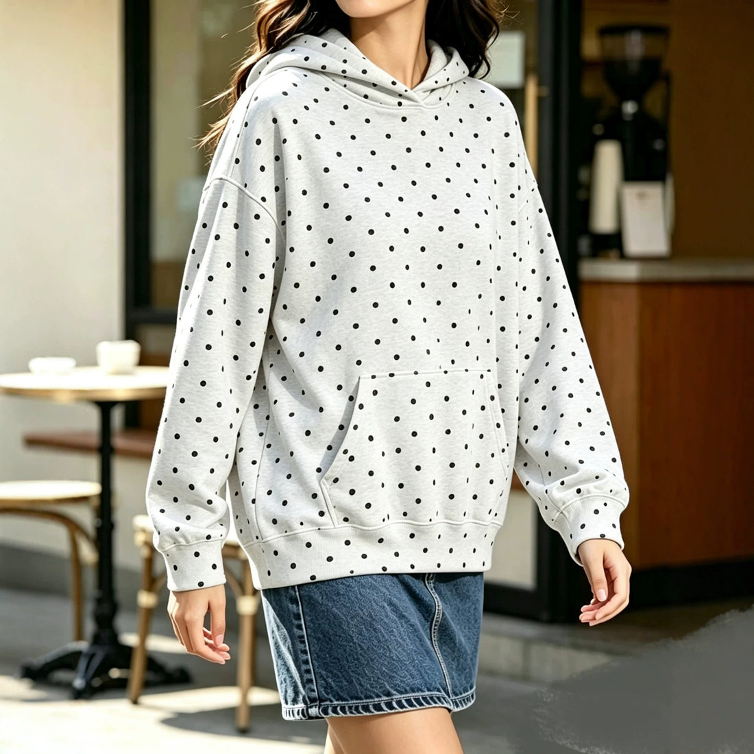 Damen Oversize-Kapuzenpullover mit Leomuster, Kängurutasche und überschnittener Schulter Echo Archiv