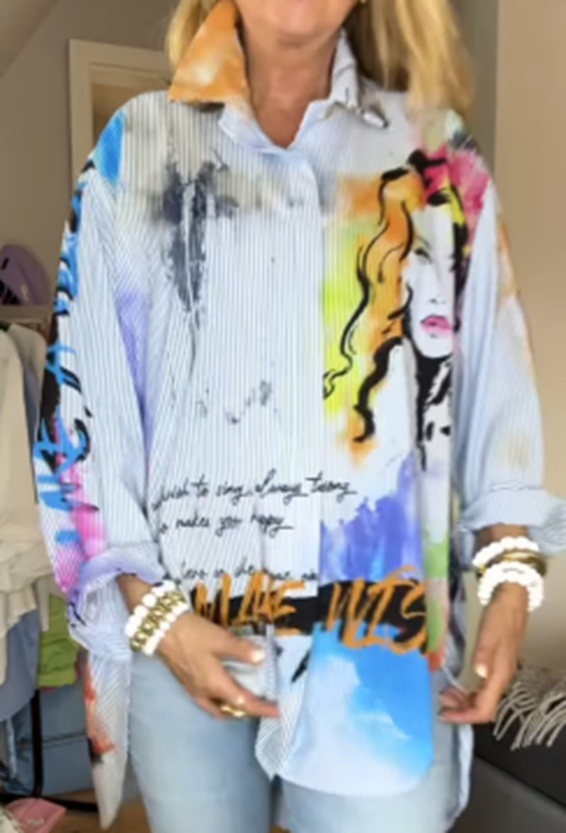 Damen nan kunstvoll bedruckte weit geschnittene Hemdbluse mit Popartmotiv und Nadelstreifen Echo Archiv